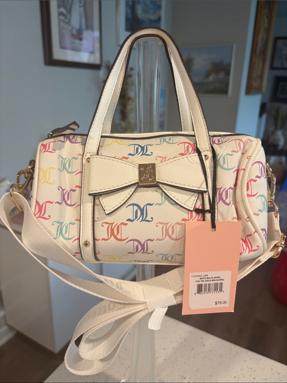 Juicy Couture Cream Mini Satchel with Multicolor Logo Print and Bow